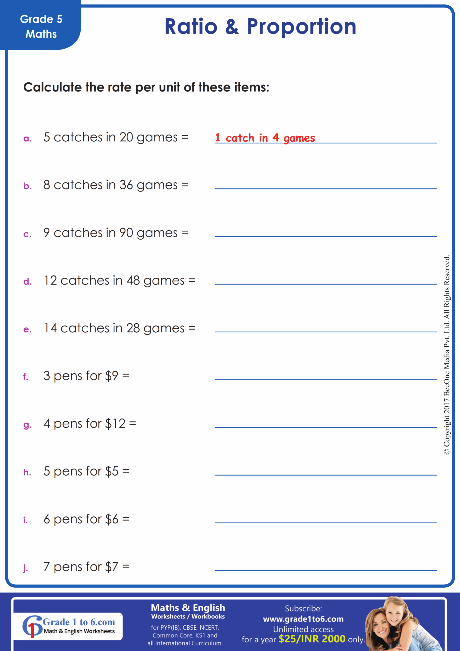 Unit Rates Worksheet Grade1to6