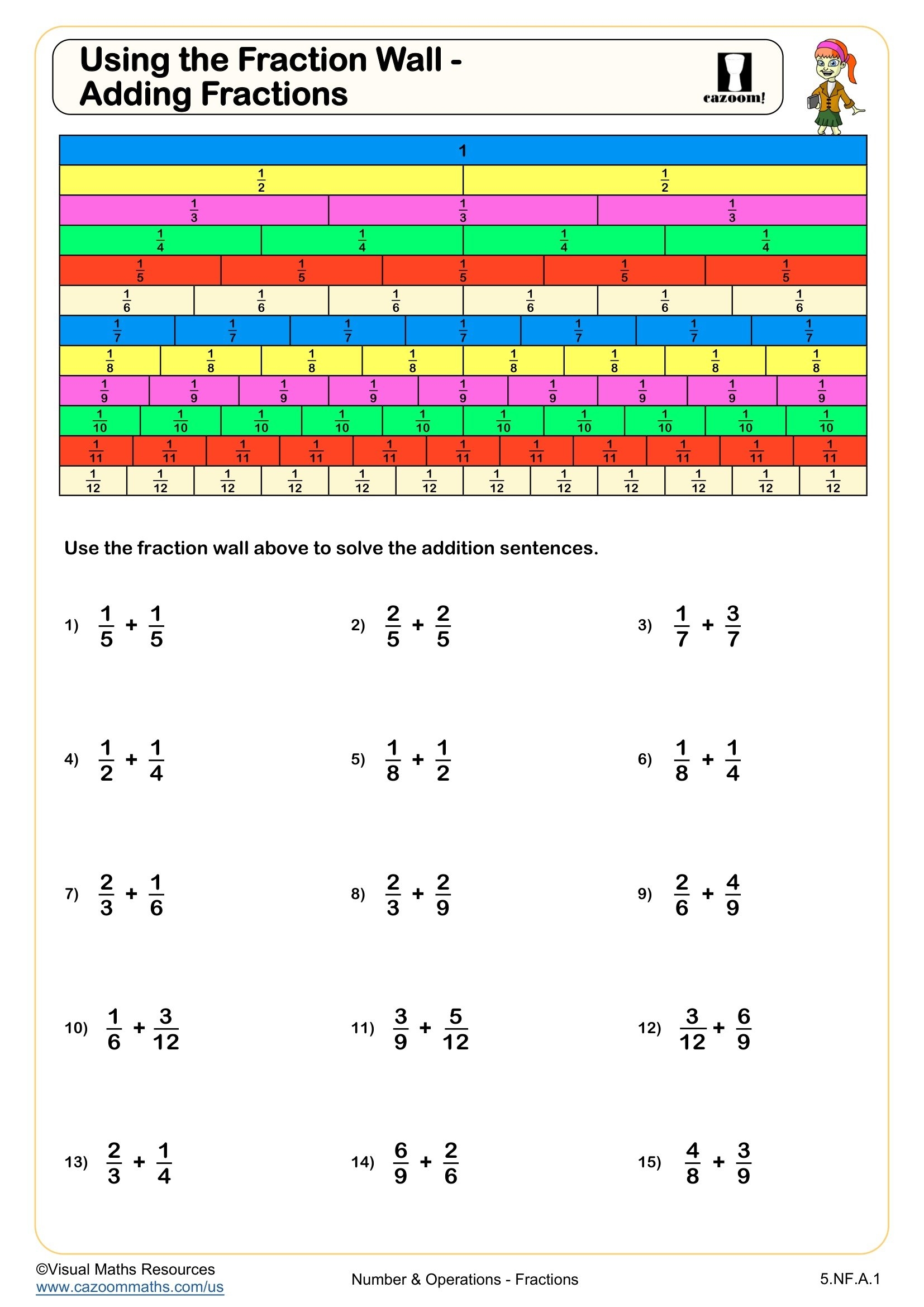 Using A Fraction Wall Adding Fractions Worksheet Fun And Engaging 5th Grade Number U0026 Operations Worksheet