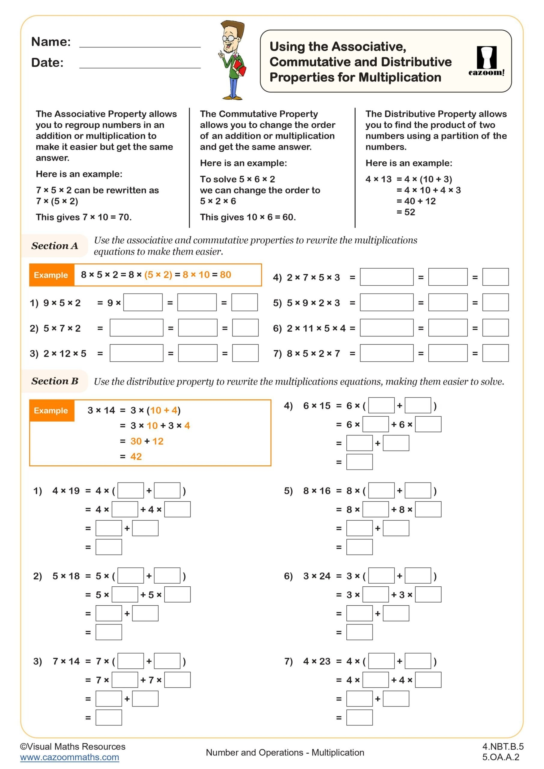 Using The Associative Commutative And Distributive Properties For Multiplication Worksheet Printable PDF 4th And 5th Grade Number U0026 Operations Worksheet