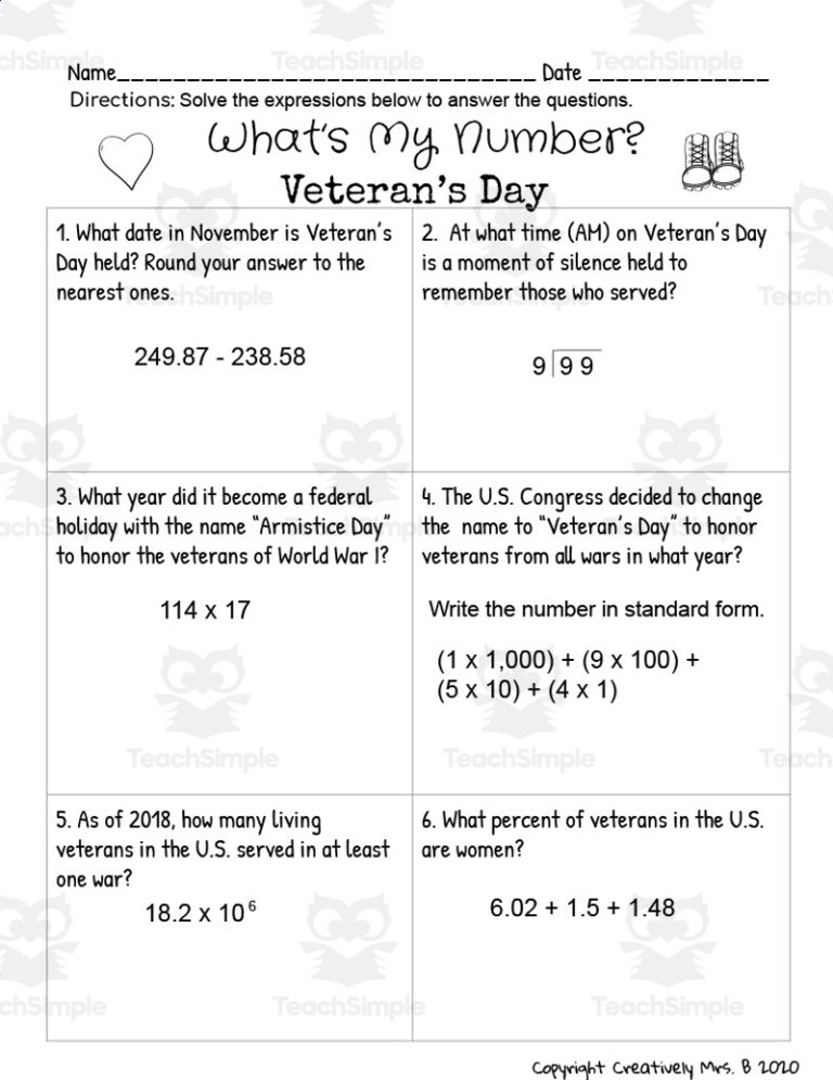 Veteran s Day Math Trivia Worksheet By Teach Simple