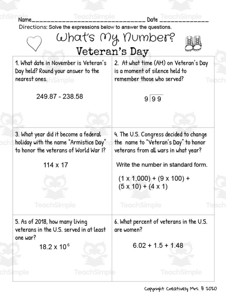 Veteran s Day Math Trivia Worksheet By Teach Simple