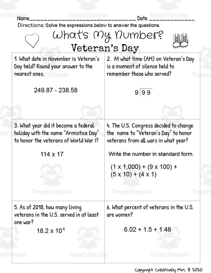 Veteran s Day Math Trivia Worksheet By Teach Simple