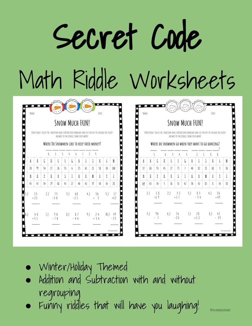 Winter Math Secret Code Riddle Worksheets 2 Digit Addition U0026 Subtraction Made By Teachers