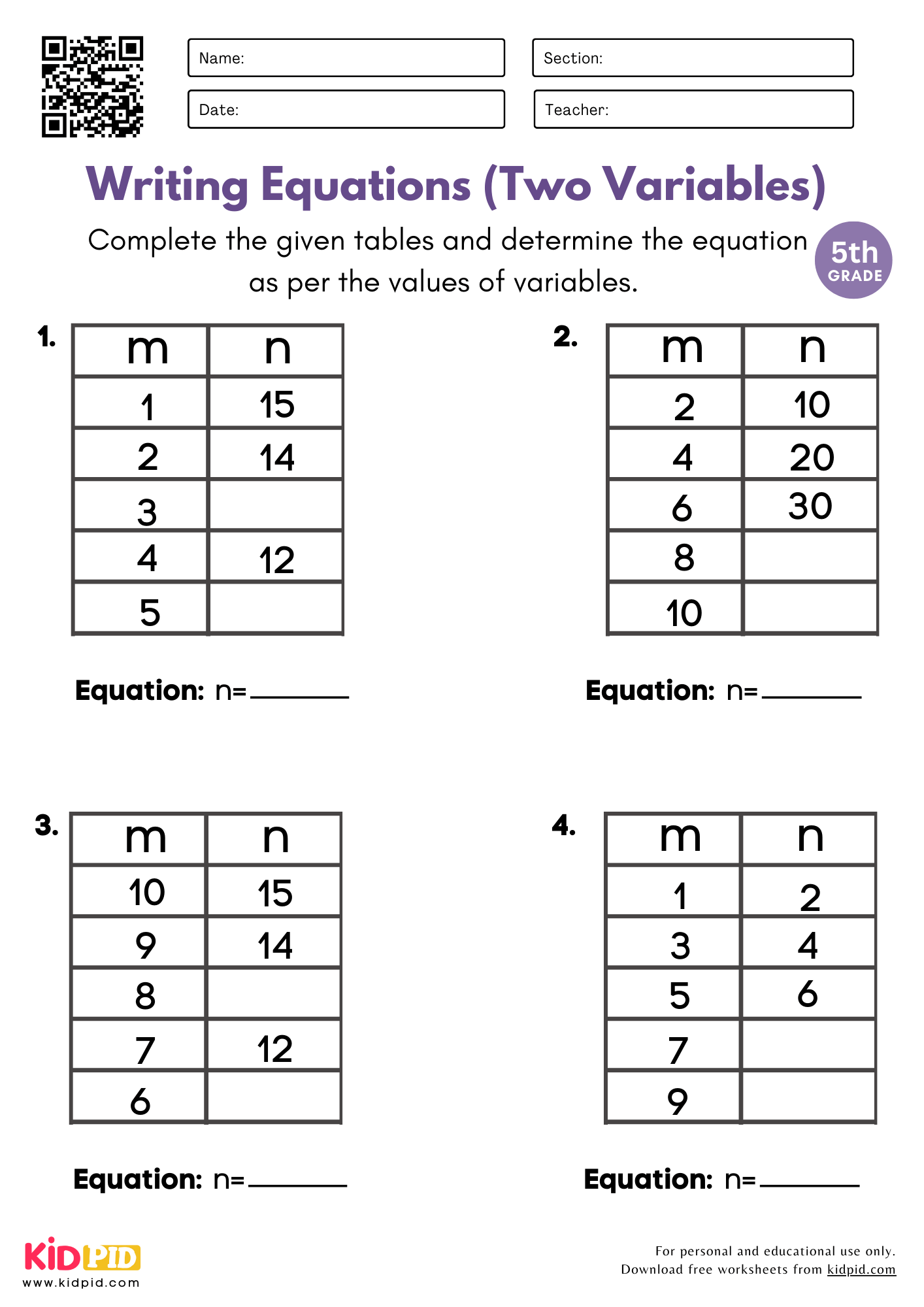 Writing Equations With 2 Variables Worksheet For Grade 5 Kidpid