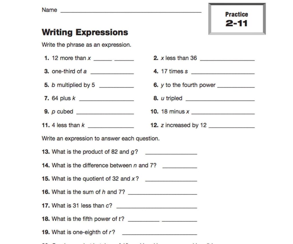 Writing Expressions Printable 5th 6th Grade TeacherVision Worksheets Library
