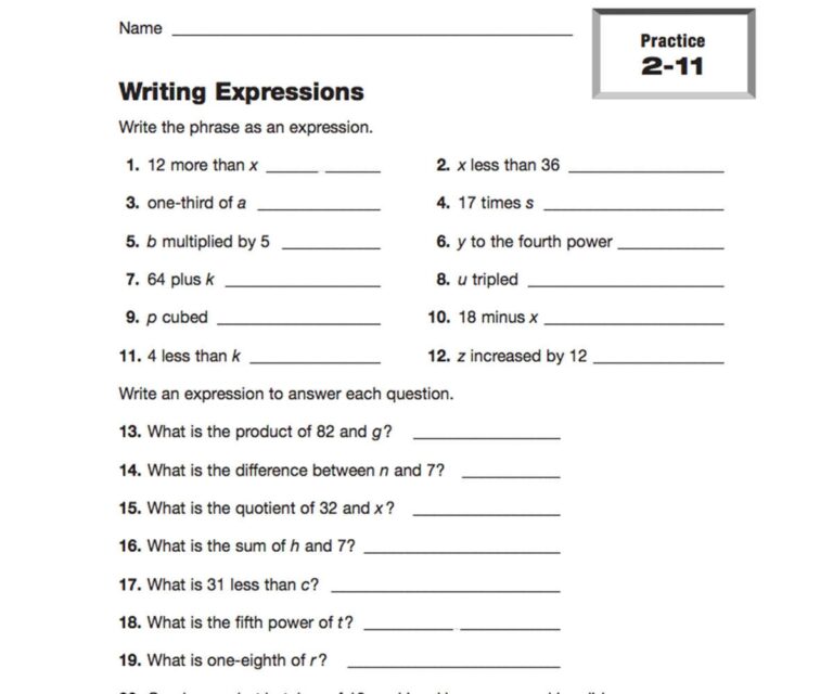 Writing Expressions Printable 5th 6th Grade TeacherVision Worksheets Library