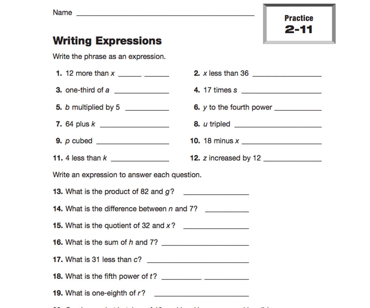 Writing Expressions Printable 5th 6th Grade TeacherVision Worksheets Library