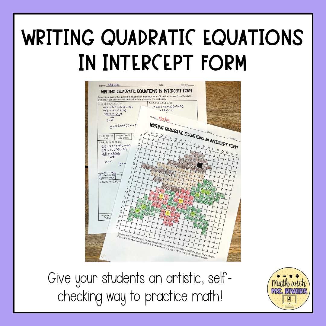 Writing Quadratic Equations In Intercept Form Color By Number 