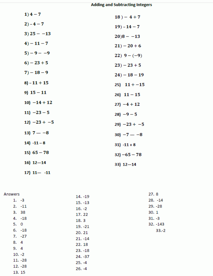 Math Adding And Subtracting Integers Worksheets