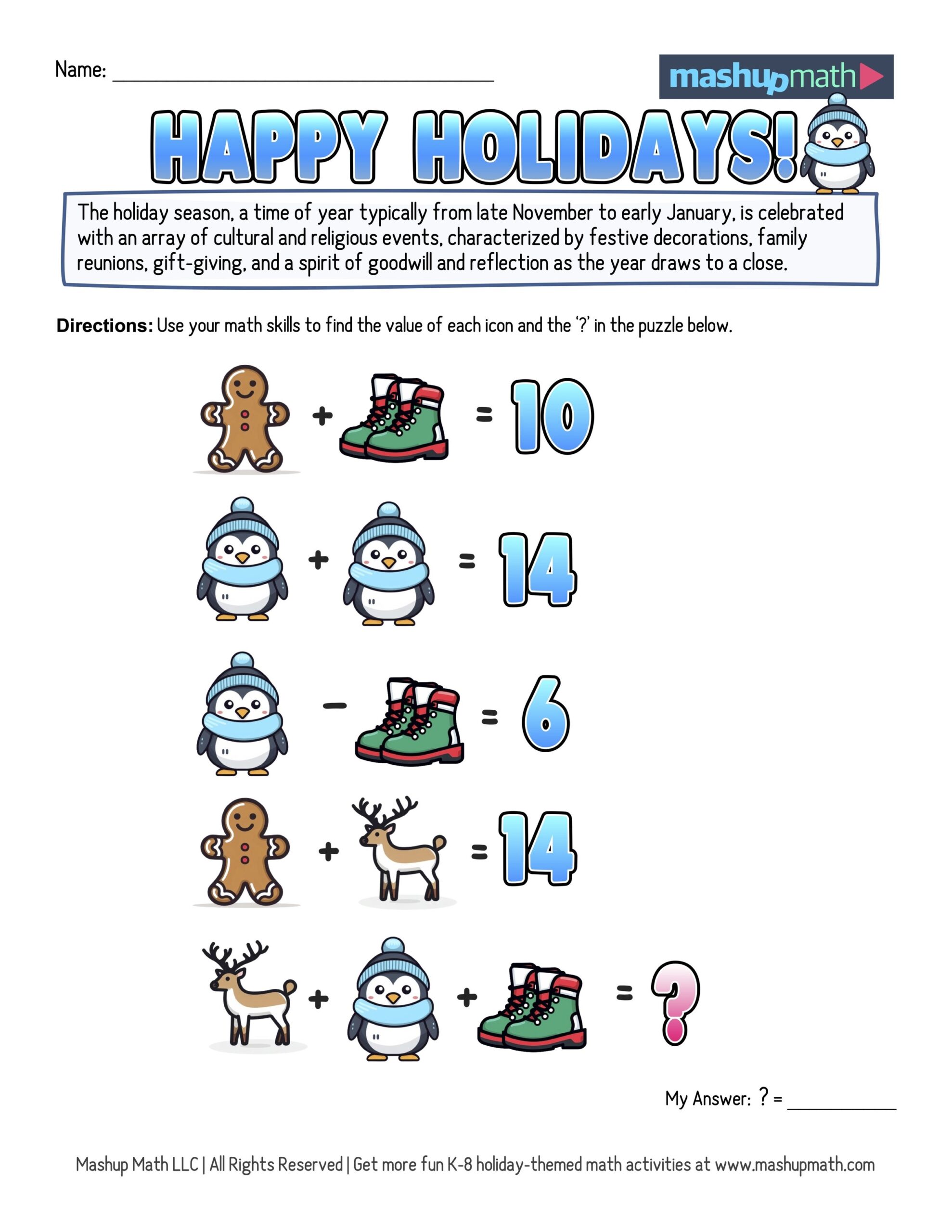 12 Days Of Holiday Math Puzzles Printable K 8 Worksheets Mashup Math