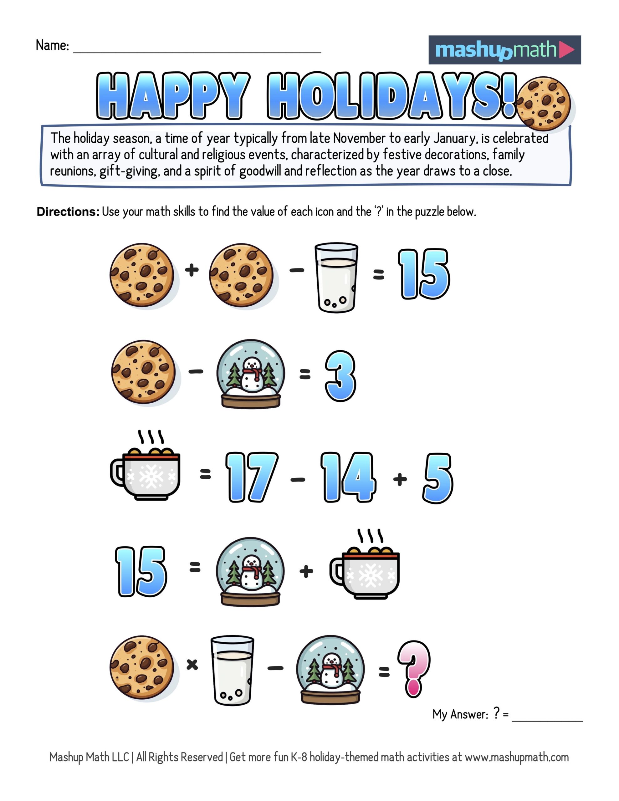 12 Days Of Holiday Math Puzzles Printable K 8 Worksheets Mashup Math