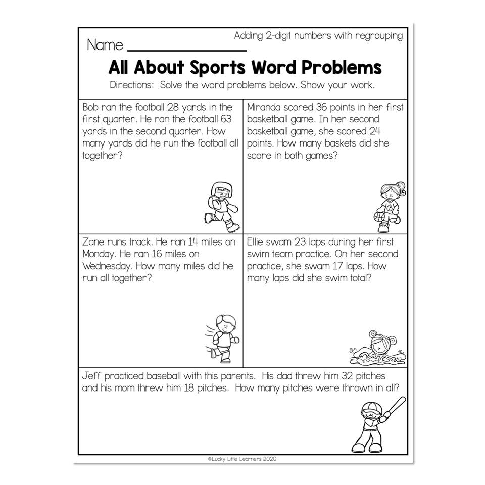 2nd Grade Math Worksheets 2 Digit Addition With Regrouping All About Sports Word Problems Lucky Little Learners