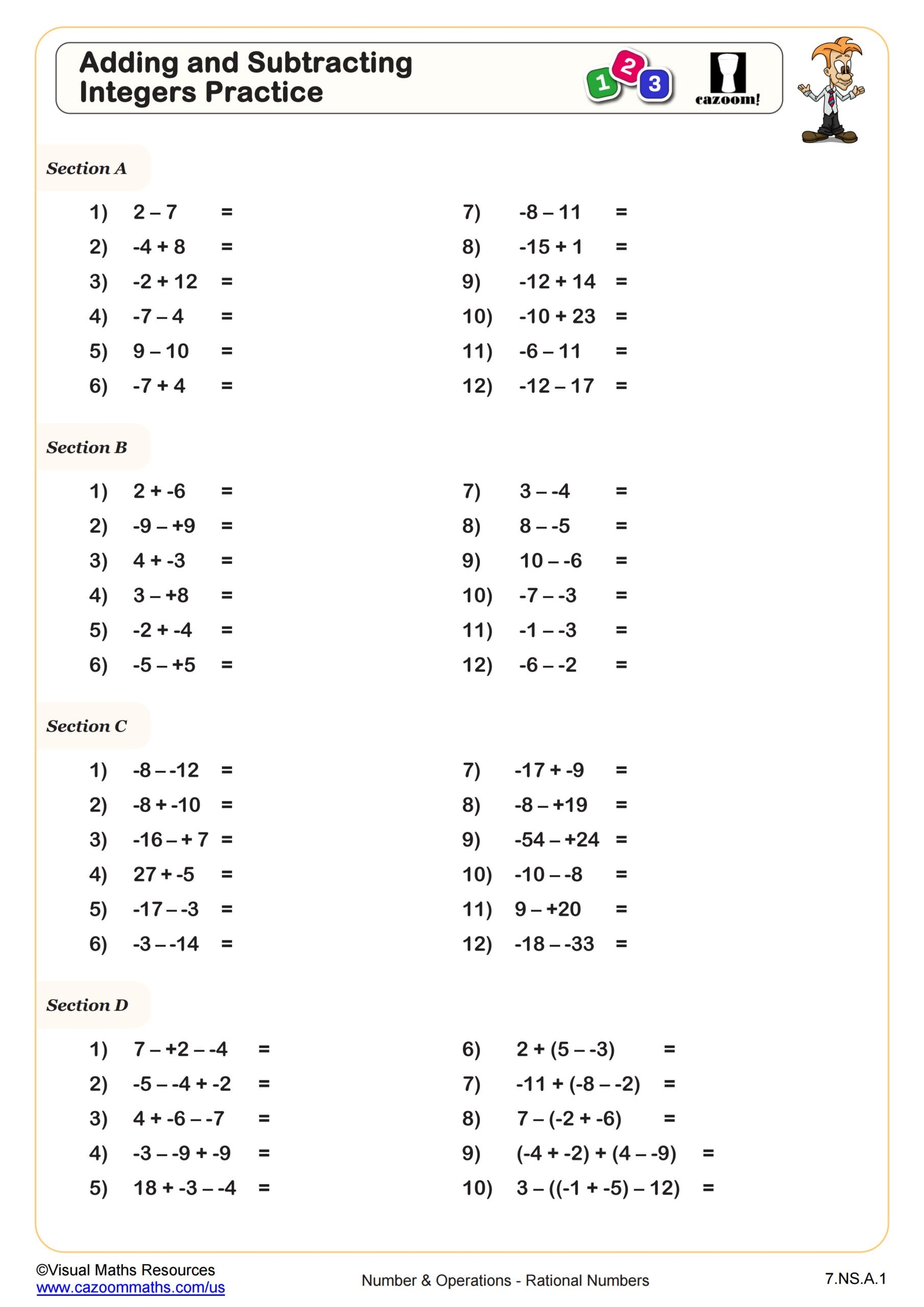 Adding And Subtracting Integers Practice Worksheet 7th Grade PDF Worksheets