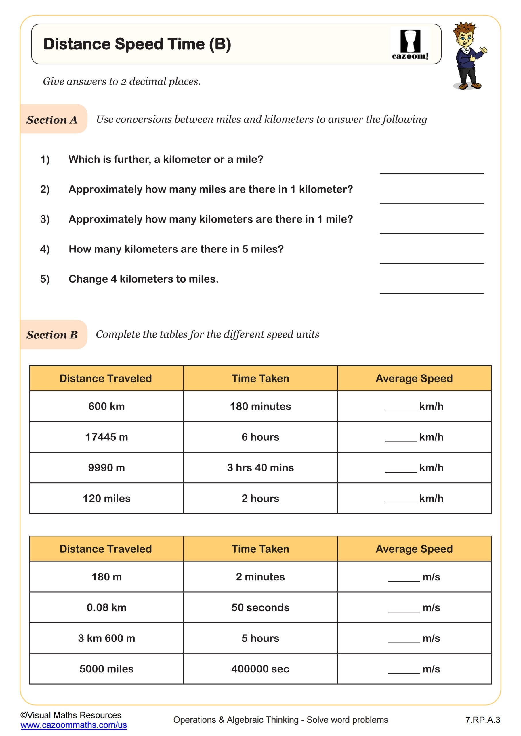 Distance Speed And Time B Worksheet PDF Printable Operations U0026 Algebraic Thinking Worksheet