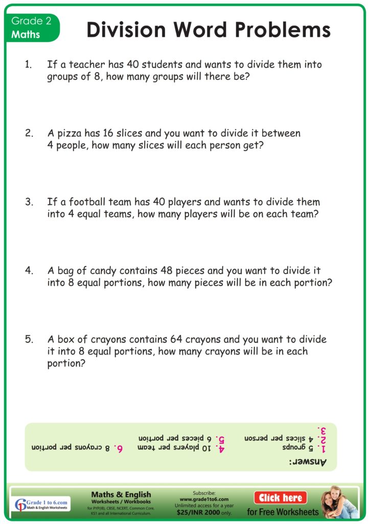Division Word Problems For Grade 2 Worksheet Grade1to6