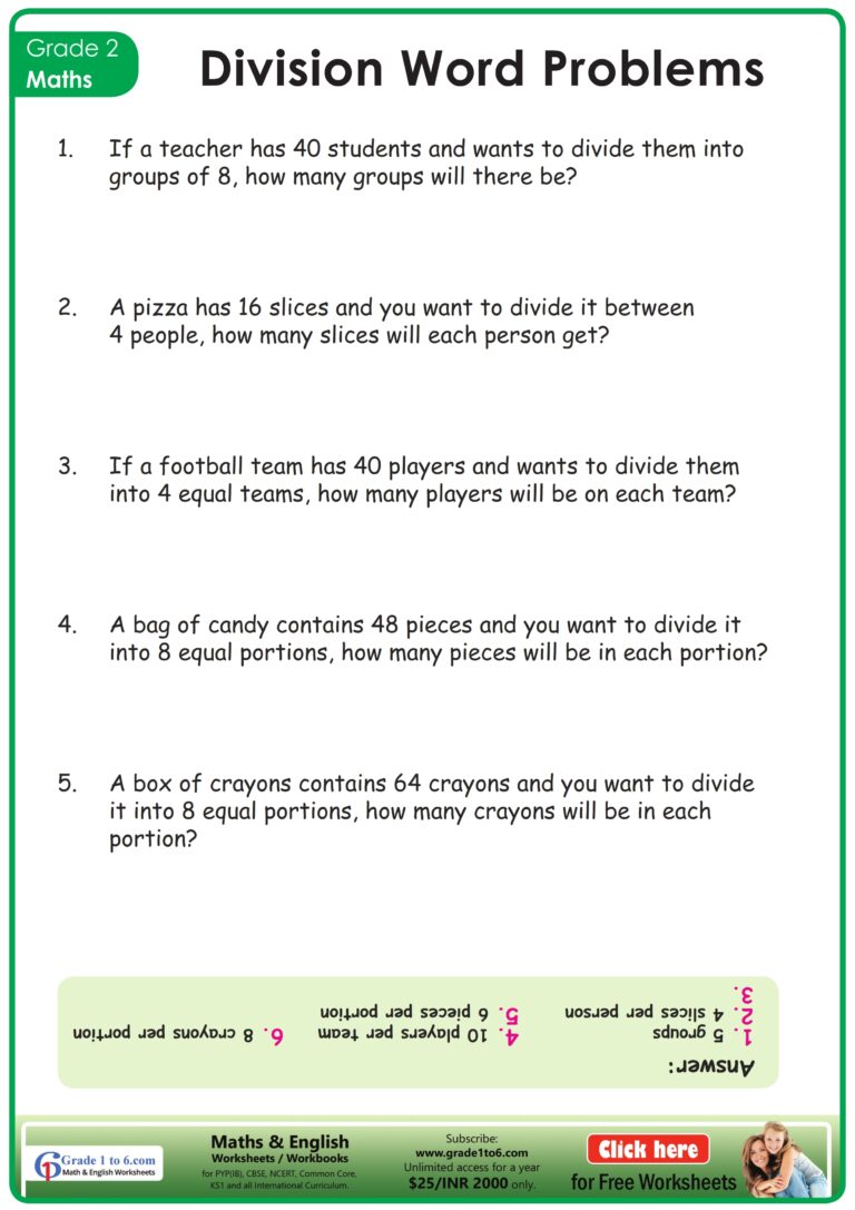 Division Word Problems For Grade 2 Worksheet Grade1to6