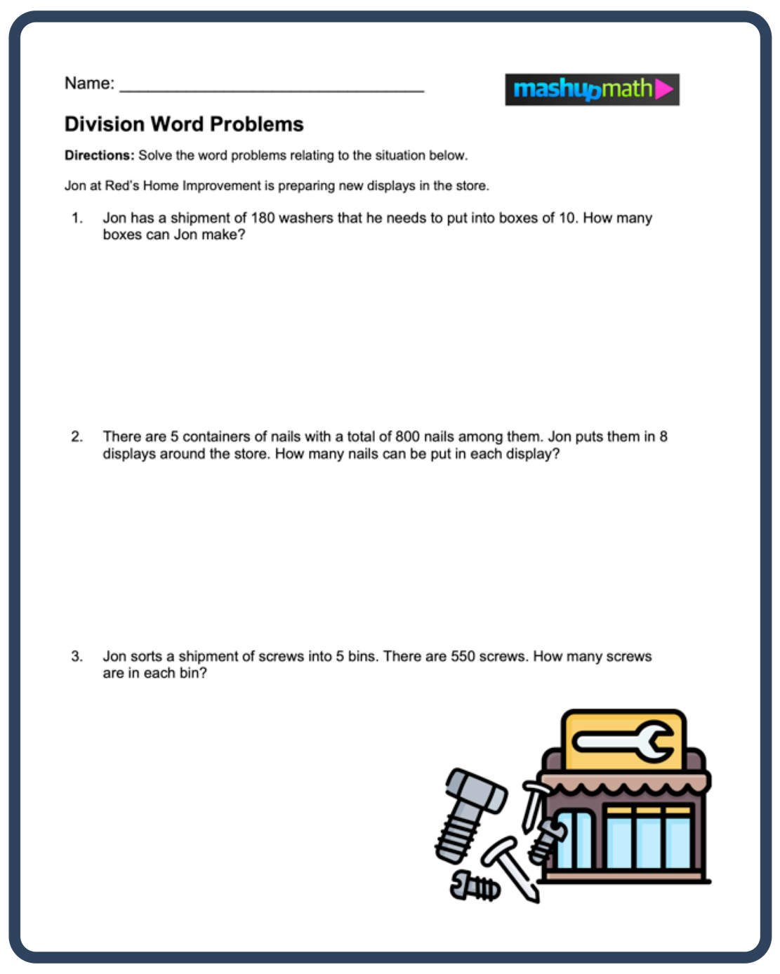 Division Math Problems Worksheets