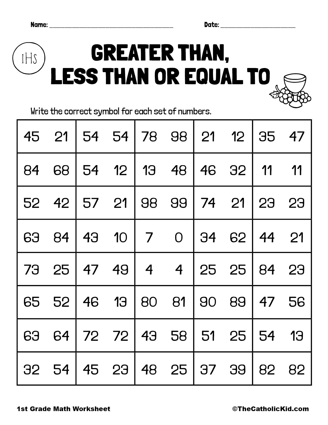 Greater Than Less Than Or Equal To 1st Grade Math Worksheet 