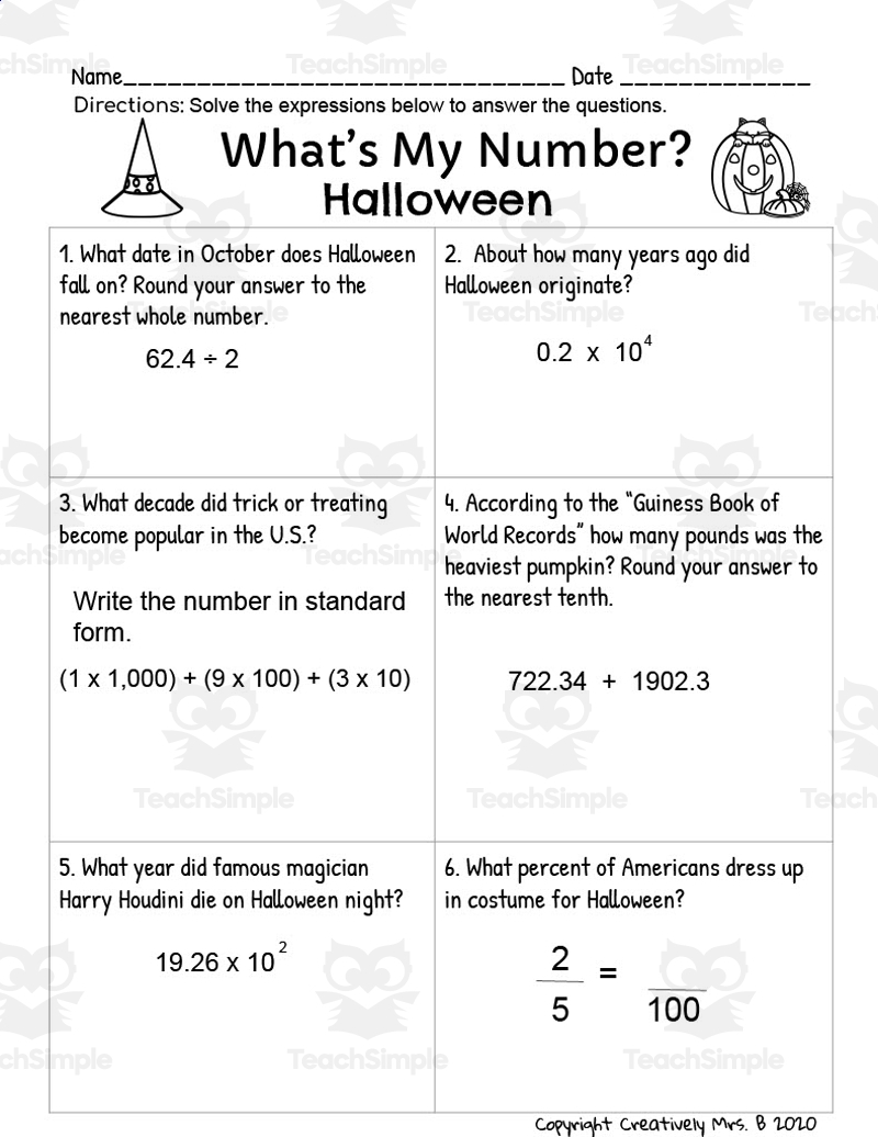 Halloween Math Trivia Worksheet By Teach Simple