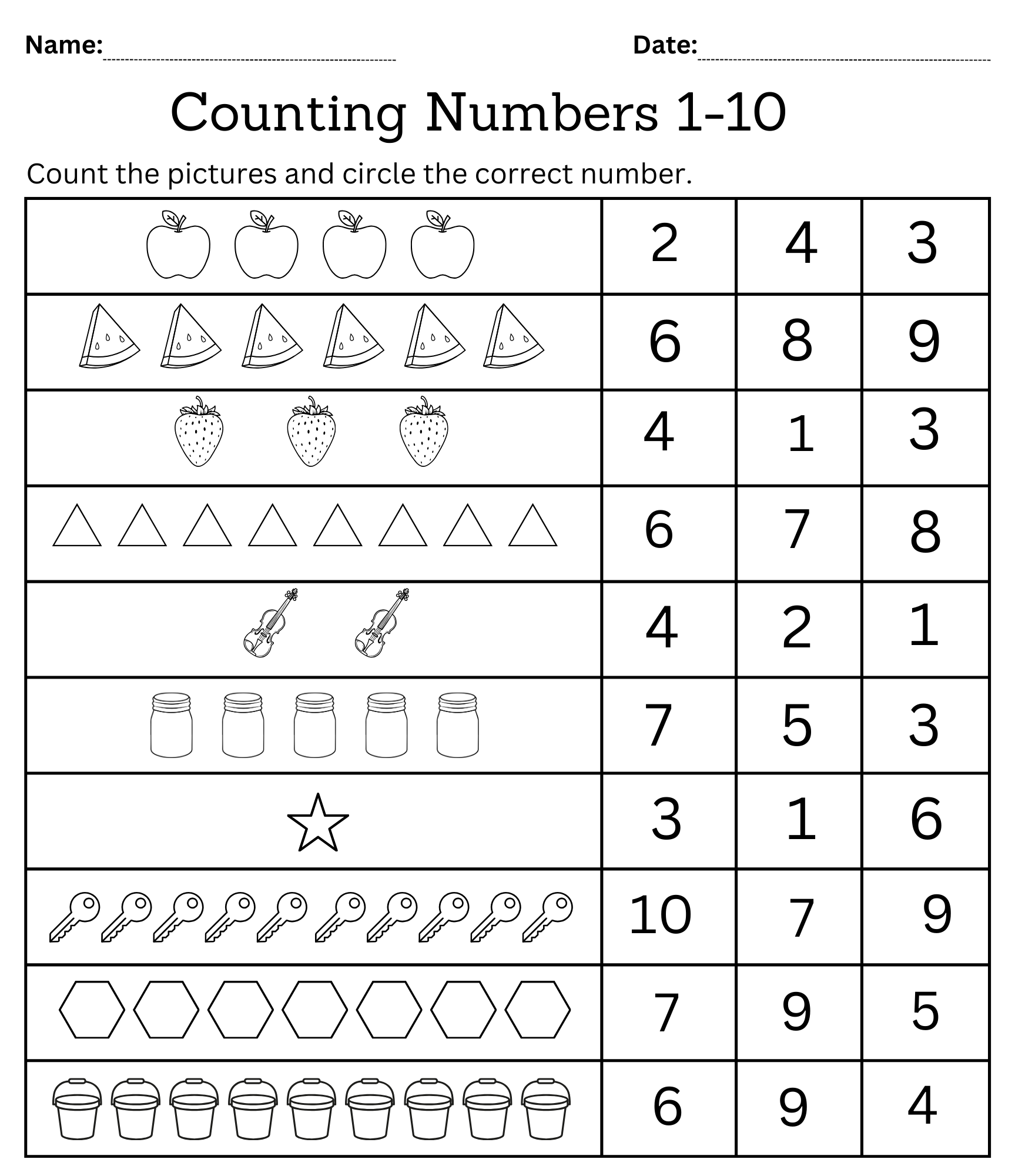 Kindergarten Math Counting Objects Worksheets 1 10 Black And White 