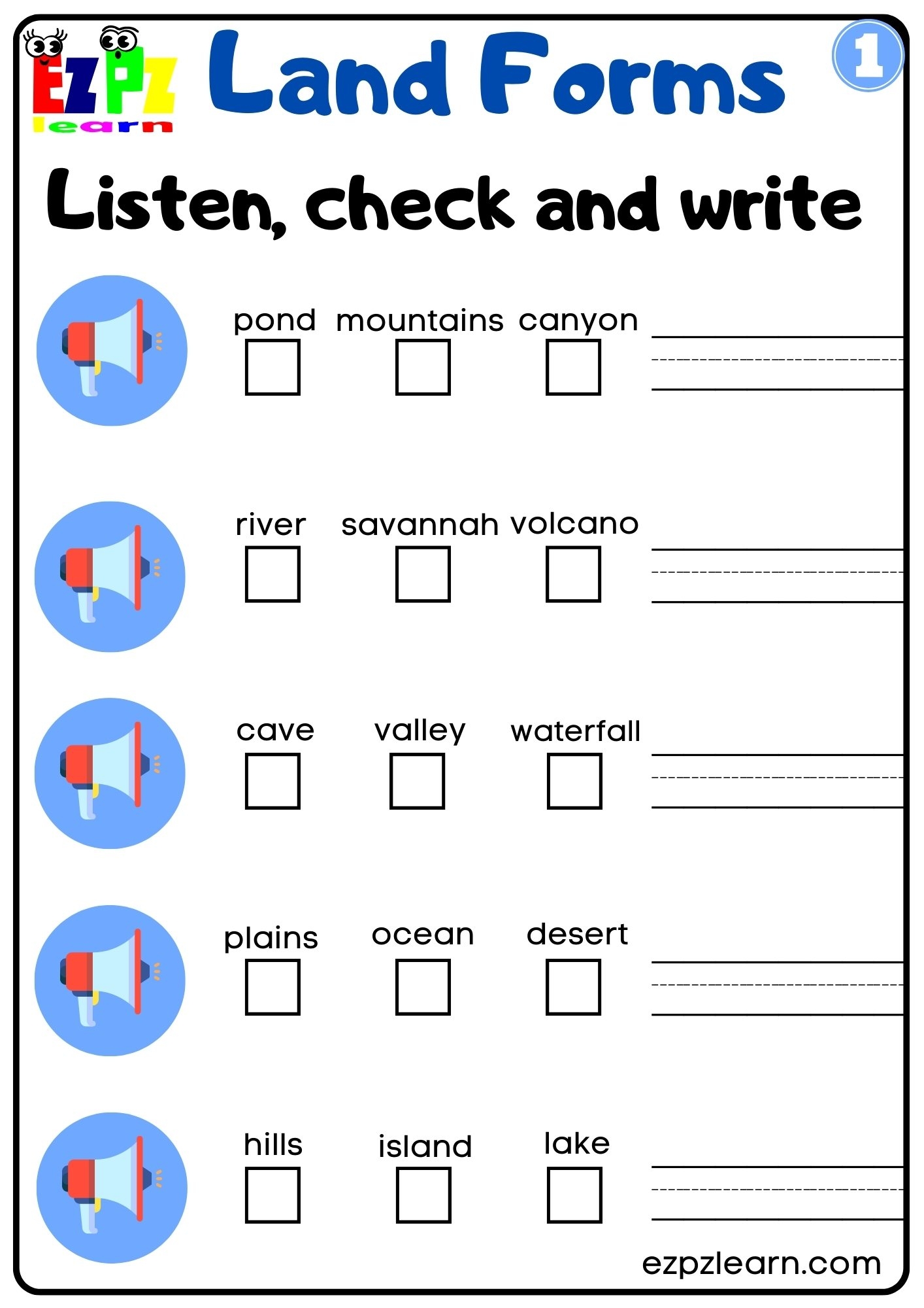 Land Forms Vocabulary Interactive Worksheet Listen Check And 