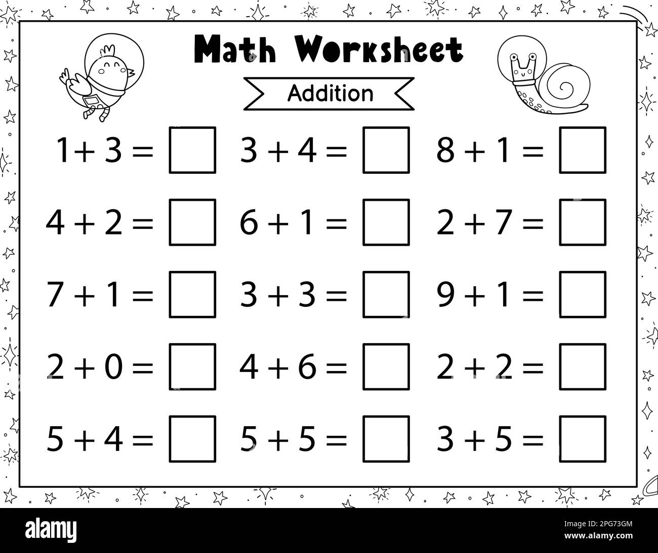 Math Worksheet For Kids Addition And Subtraction Space Black And White Mathematic Activity Page Stock Vector Image U0026 Art Alamy