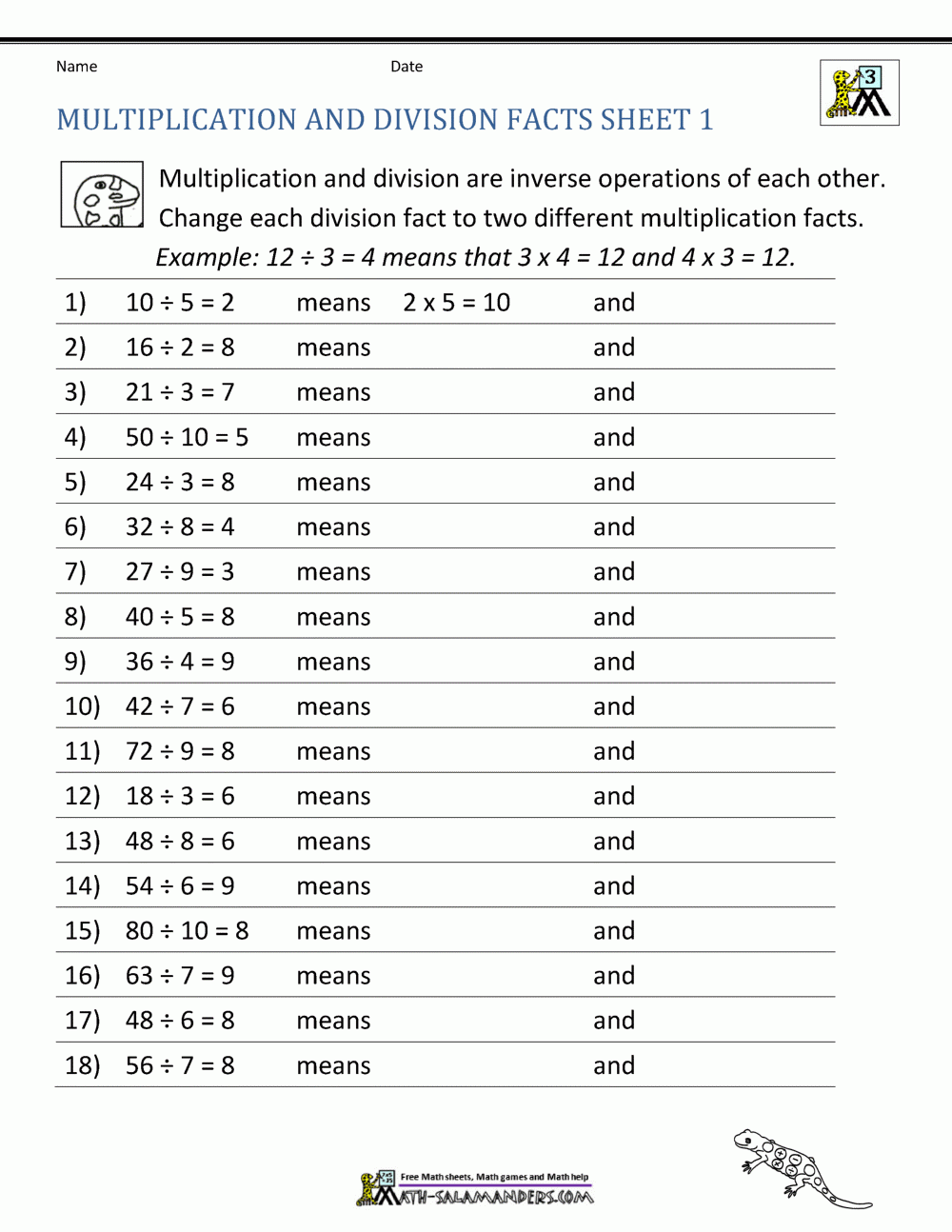 Math Worksheets Multiplication And Division