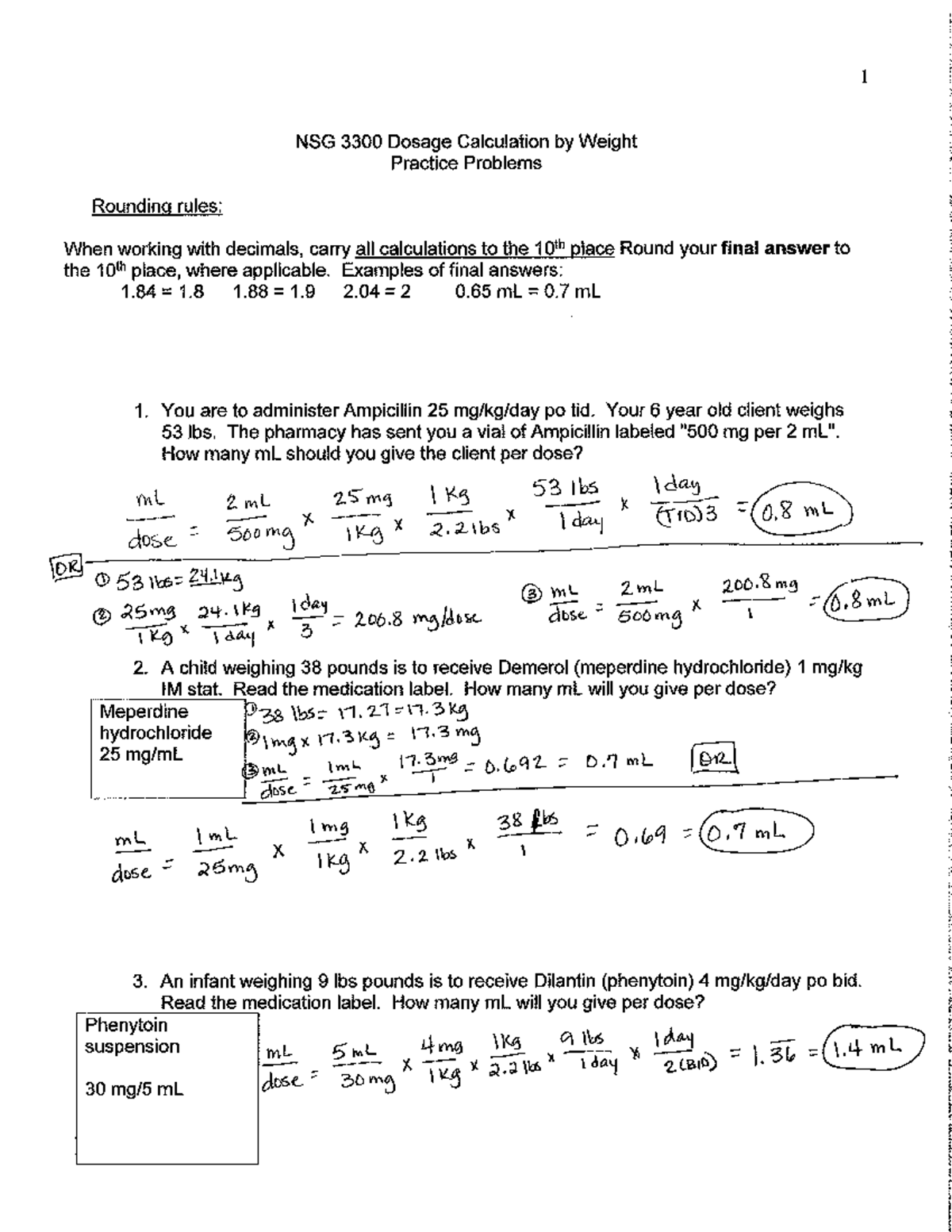 Pharmacy Math Practice Worksheets