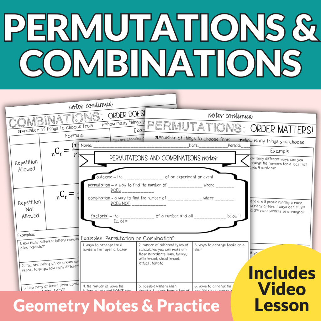 Permutations And Combinations Notes And Worksheets For 9th 11th 