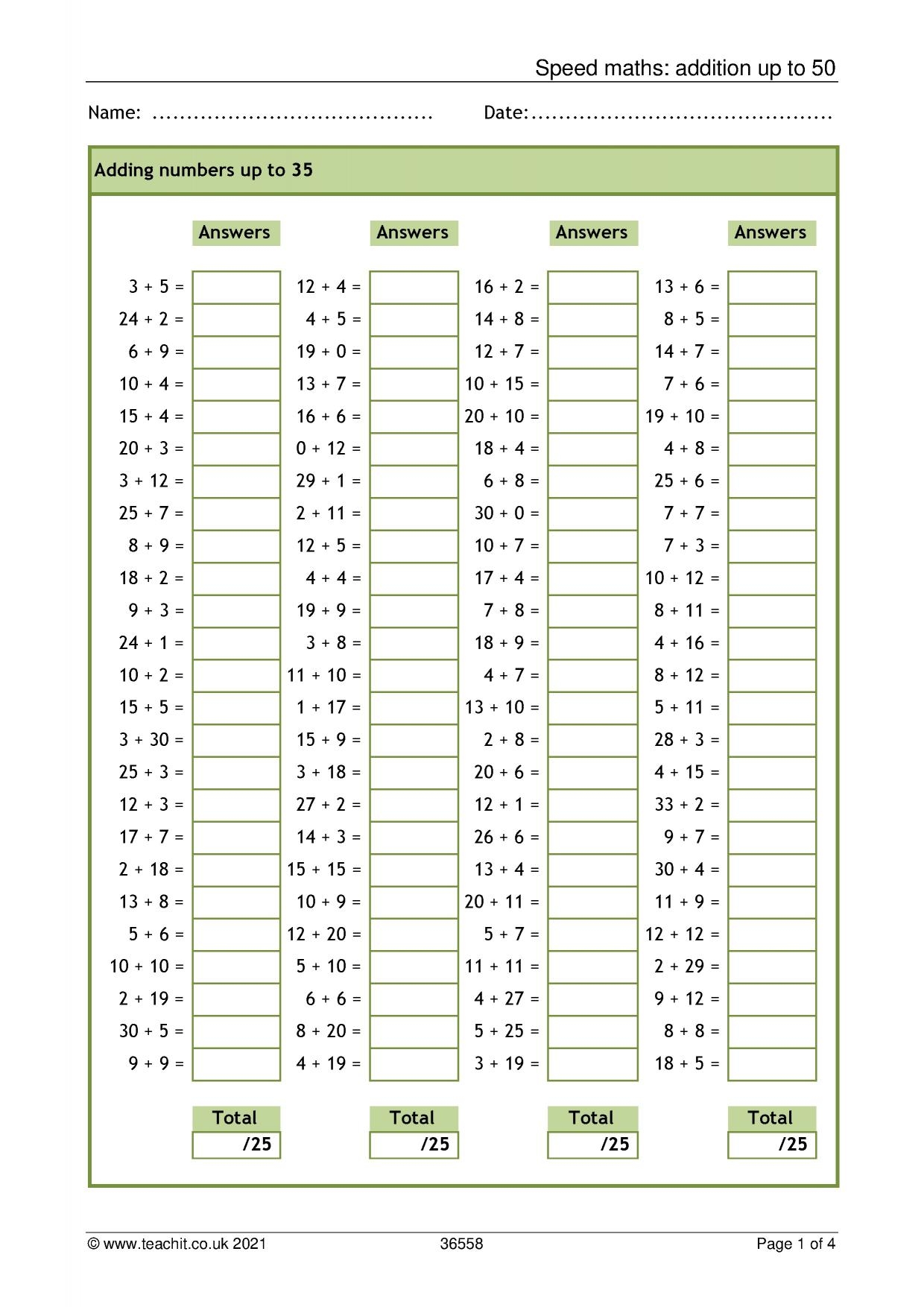 Speed Maths Addition Up To 50 Number KS2 Teachit Worksheets Library