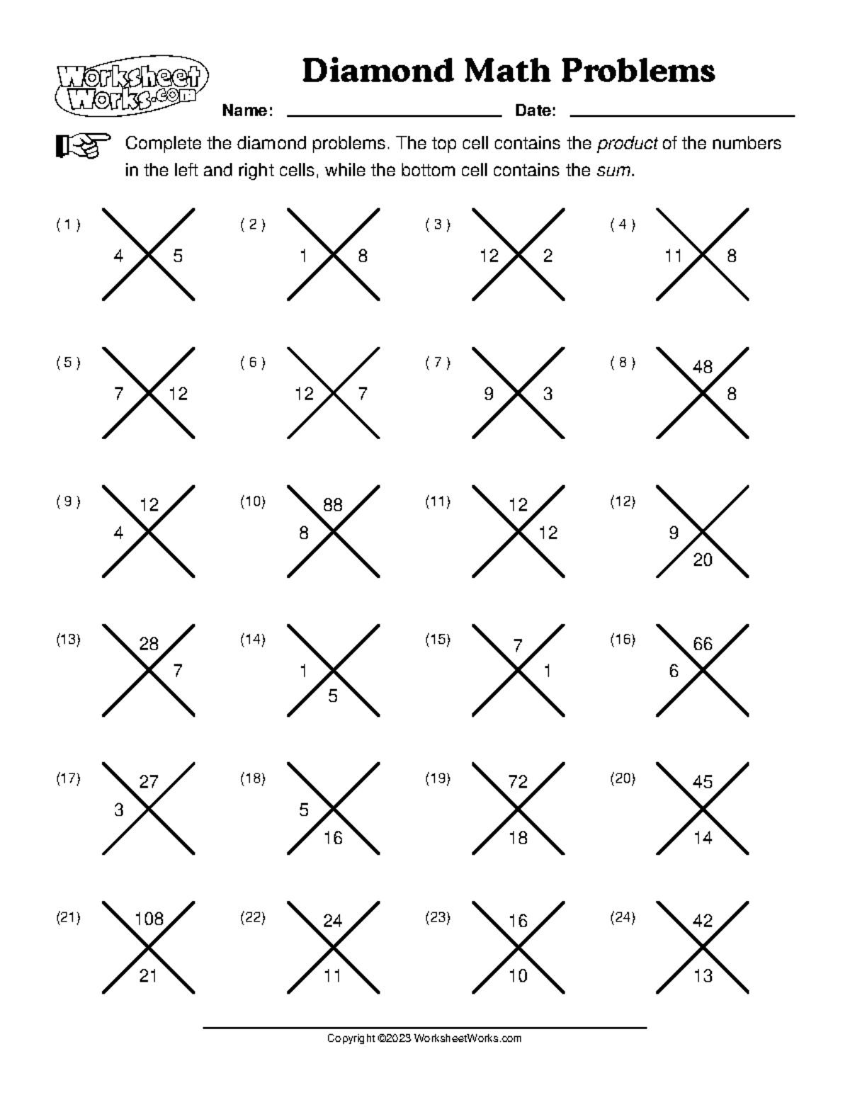Diamond Math Problems Worksheet