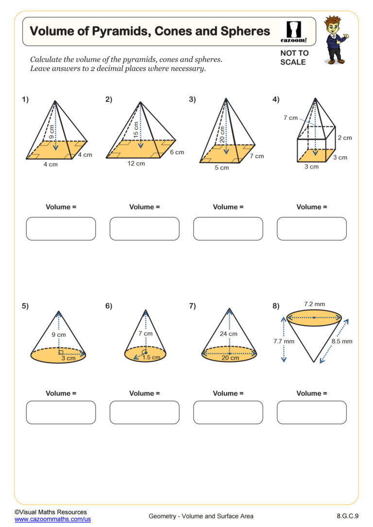 Free printable 1-8th Grade Math Work Sheets showing volume calculations for pyramids, cones, and spheres