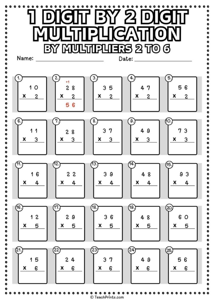 1 By 2 Multiplication Worksheets - 1 Digit by 2 Digit Multiplication Worksheets - Teach Prints