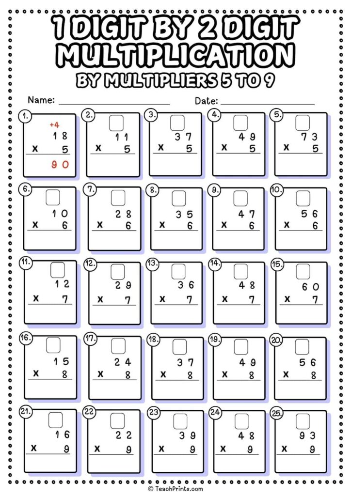 1 Digit by 2 Digit Multiplication Worksheets - Teach Prints