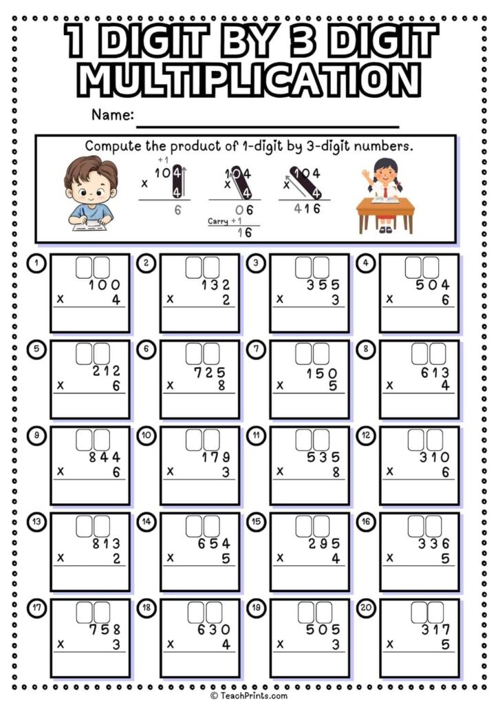 1 Digit by 3 Digit Multiplication Worksheets - 🍎 Teach Prints