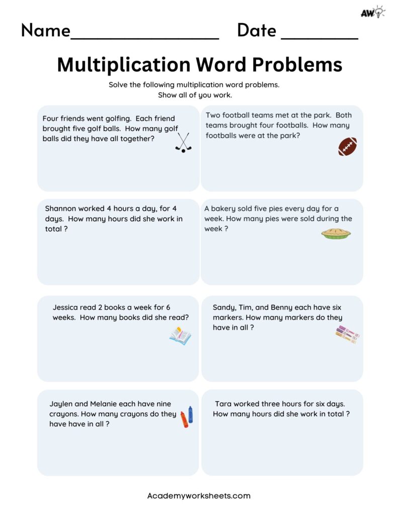 1 Digit Multiplication Word Problems Worksheets - Multiplication Word Problems PDF - Single Digit - Academy Worksheets ...