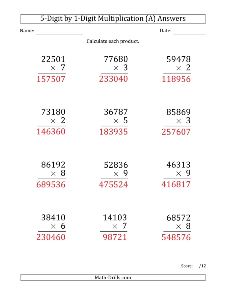 1 Digit Times 5 Digit Multiplication Worksheets - Multiplying 5-Digit by 1-Digit Numbers (Large Print) (A)