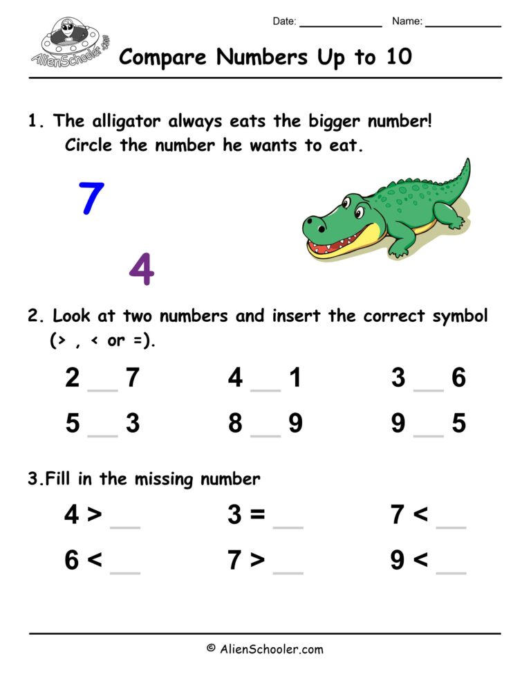 Engaging worksheet for 10 Year Old Math Worksheets comparing numbers up to 10 with fun illustrations