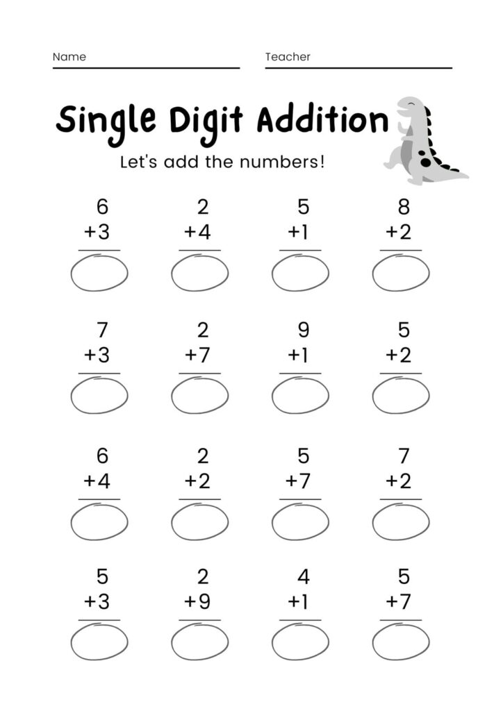 1st Grade Math Worksheets – Single Digit Addition 1st grade math worksheet for single digit addition with fun dinosaur theme