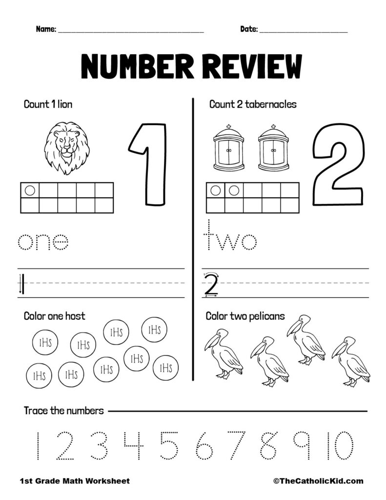 1st Grade Math Worksheet – Number Review 1st grade math worksheet for number review with counting and tracing activities