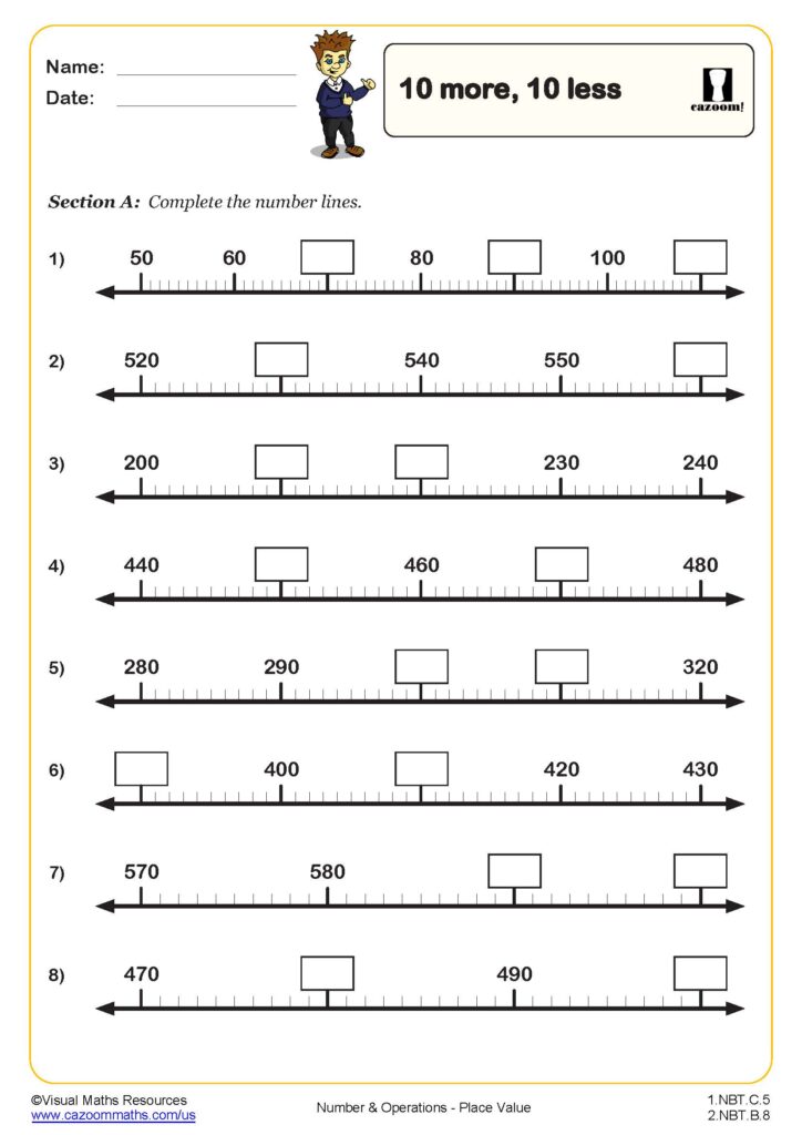 1st grade math worksheet for completing number lines
