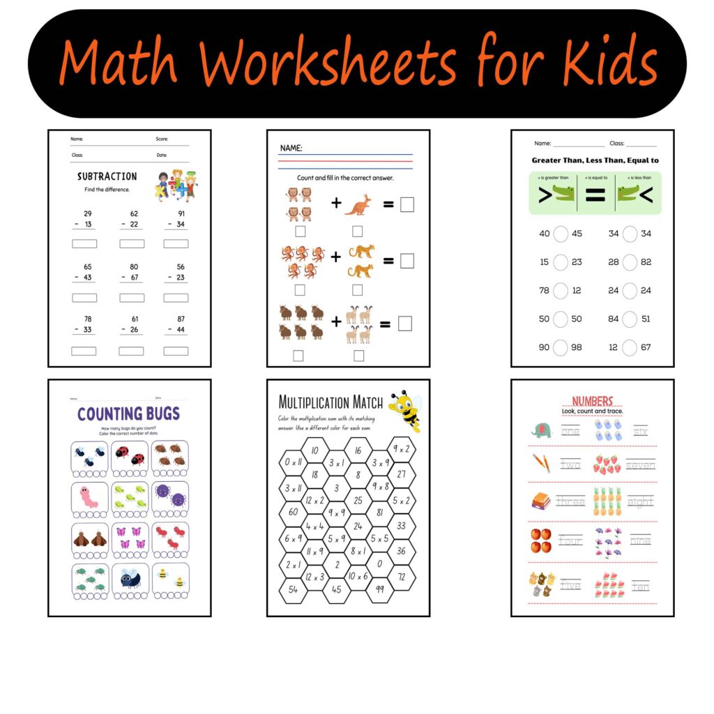 Collection of 1st grade math worksheets featuring addition, subtraction, and more