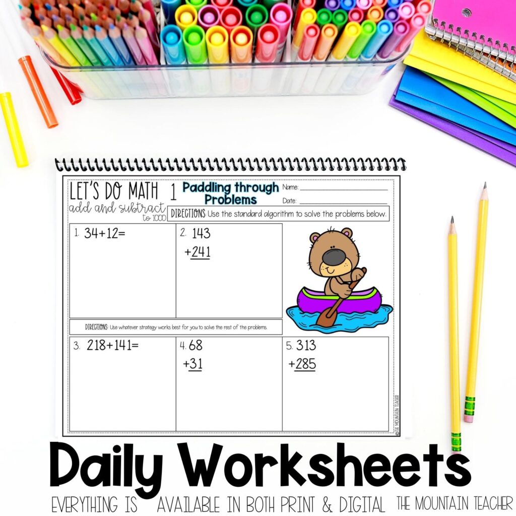 Colorful second grade math worksheet with a fun beaver character for addition and subtraction practice