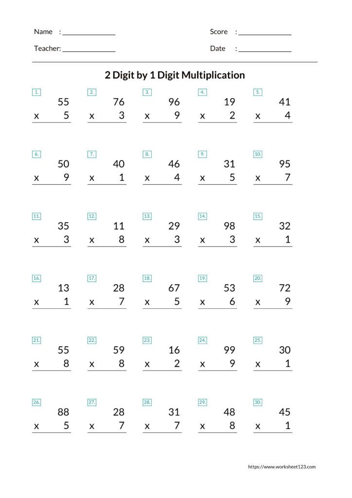 2 Digit by 1 Digit Multiplication Worksheet Generator - Create ...