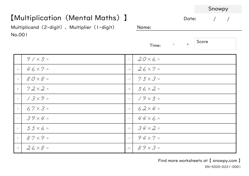 2-Digit By 1 Digit Multiplication Worksheets - multiplication mental maths 2 digitx1 digit