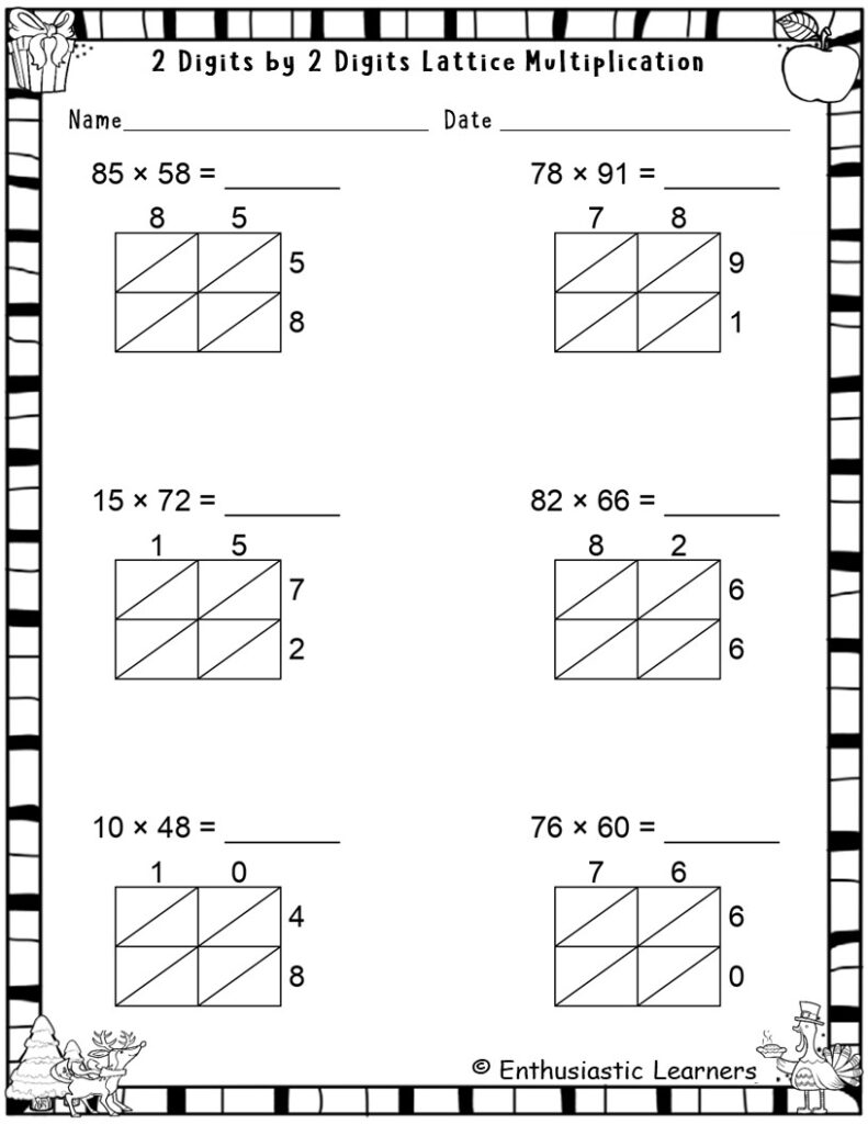 2-Digit by 2-Digit Multiplication with Lattice Method Worksheets Math ...