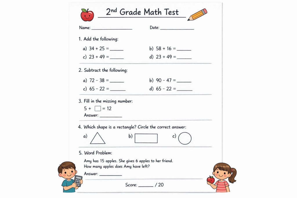 2 Grade Math Test Worksheets