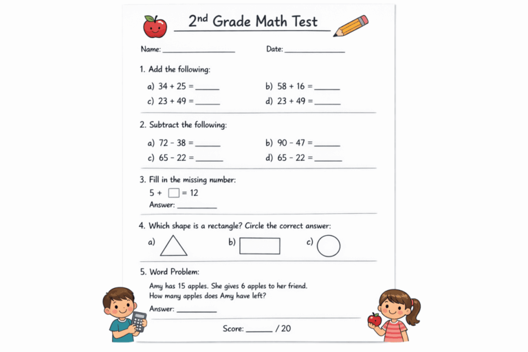 Printable 2 Grade Math Test Worksheets featuring addition, subtraction, and word problems