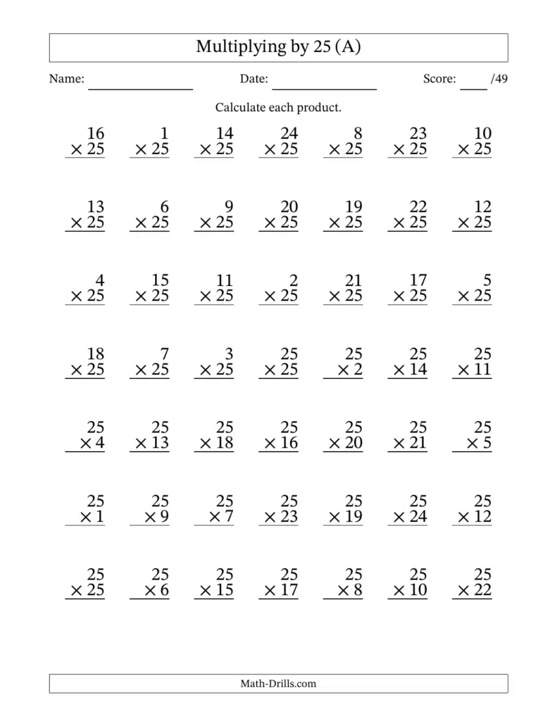 25 Math Problems Drill Sheets - Printable worksheet featuring 25 math problems for multiplying by 25
