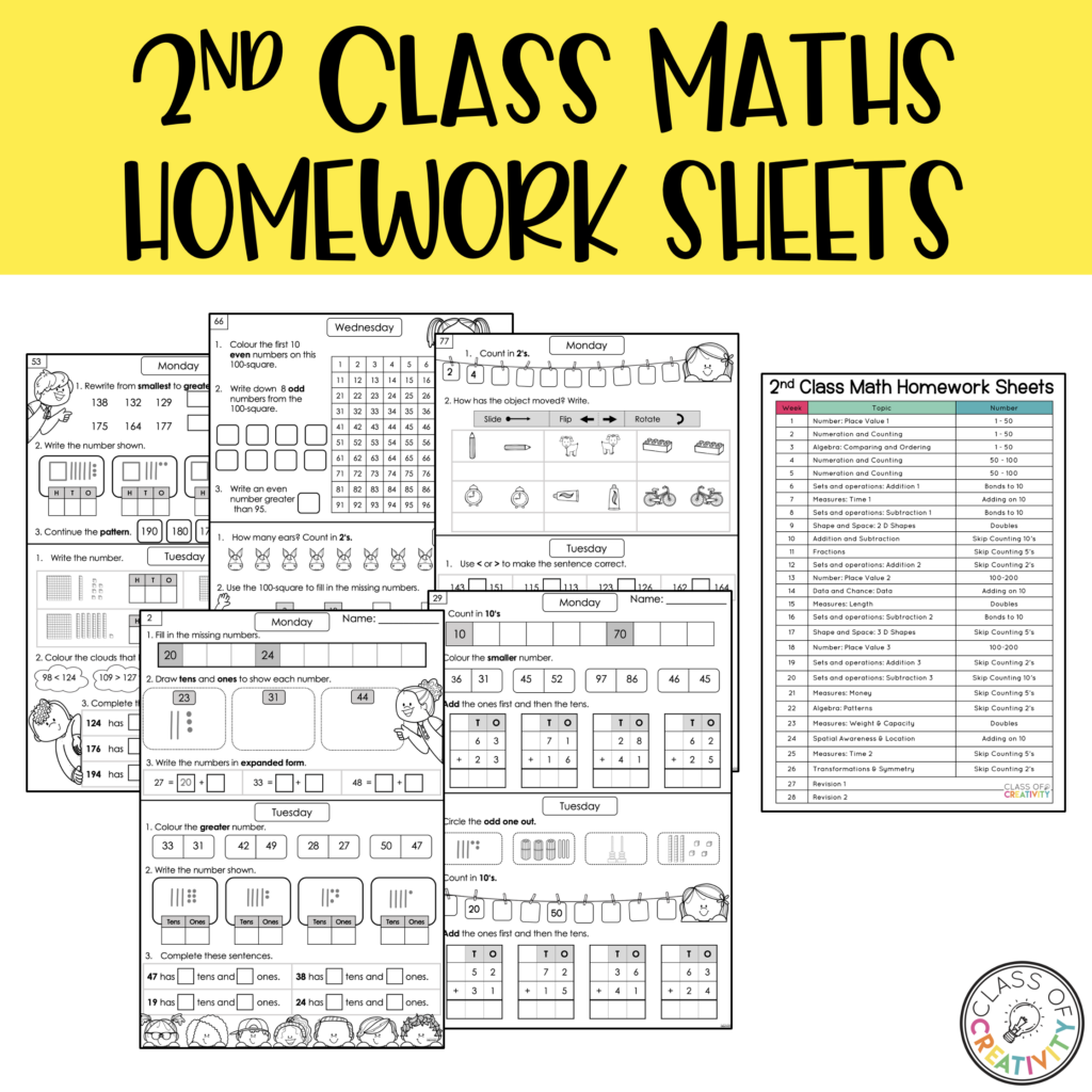Collection of second class maths homework sheets for various math topics